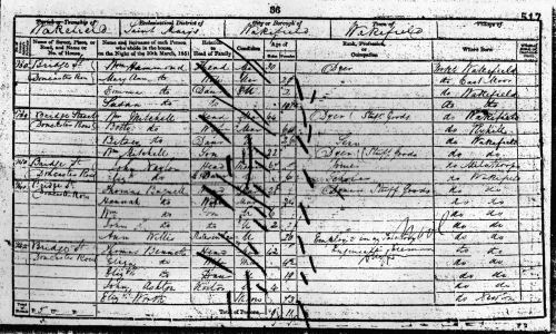 1851 Census entry for Thomas and Hannah Bagnall Household