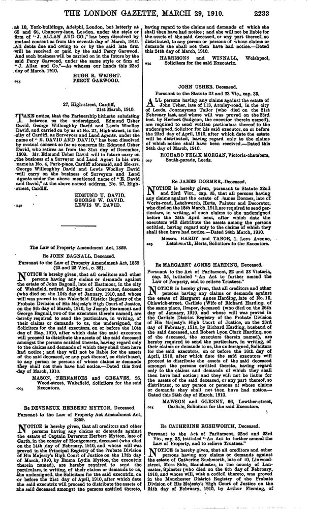 London Gazette of March 29th 1910