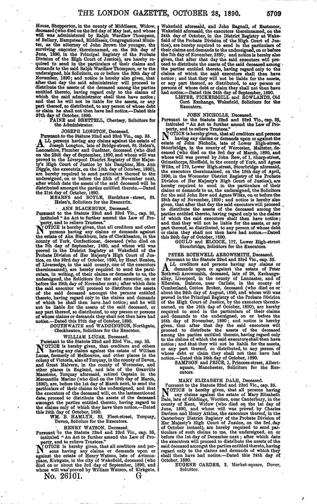 London Gazette October 28th 1890
